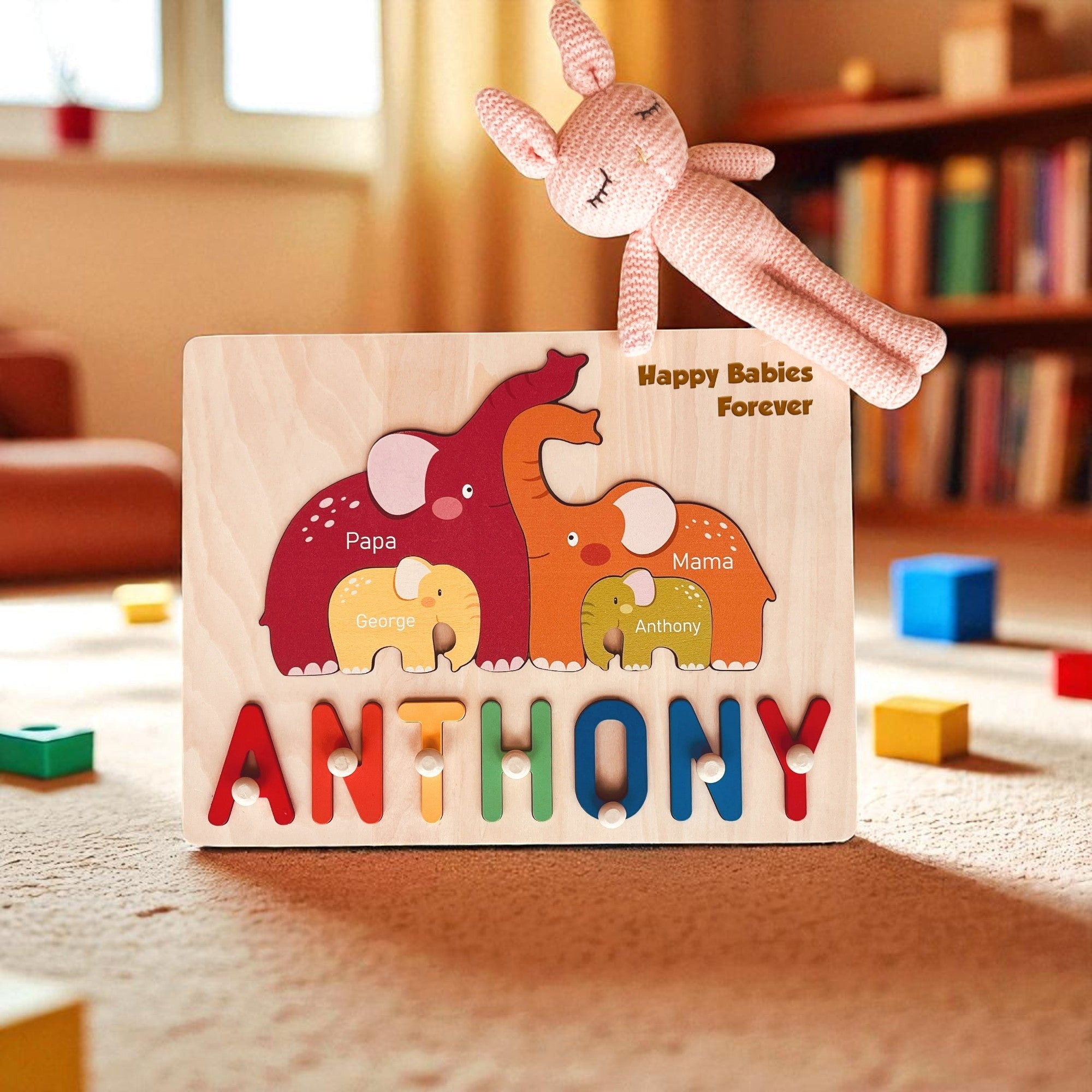 Personalized Wooden Name Puzzle with Family Elephants