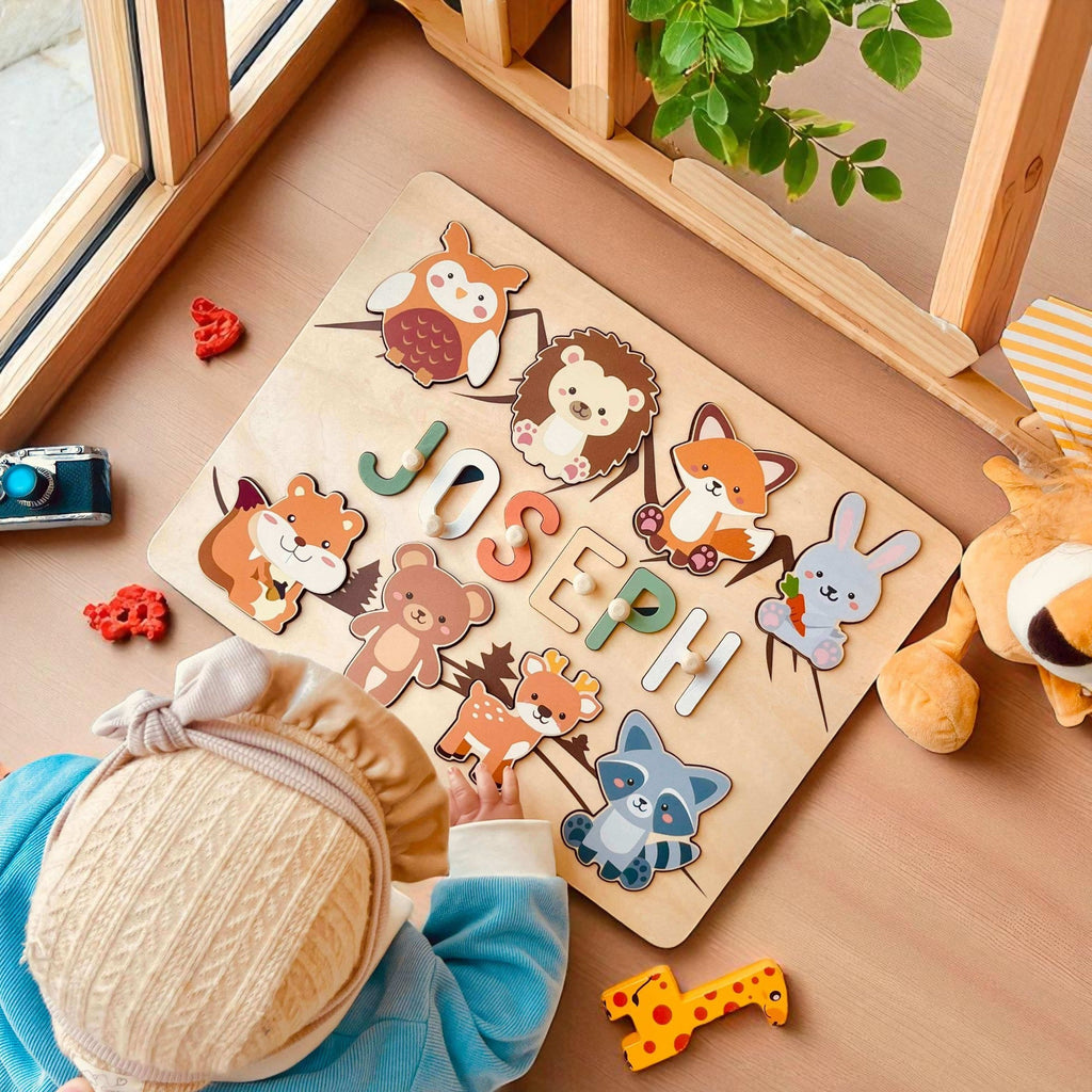 Personalized Wooden Baby Name Puzzle with Forest Animals