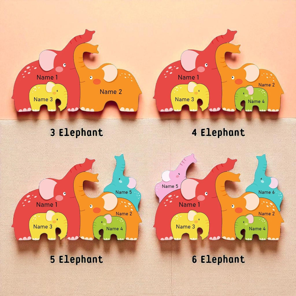 Personalized Wooden Name Puzzle with Family Elephants