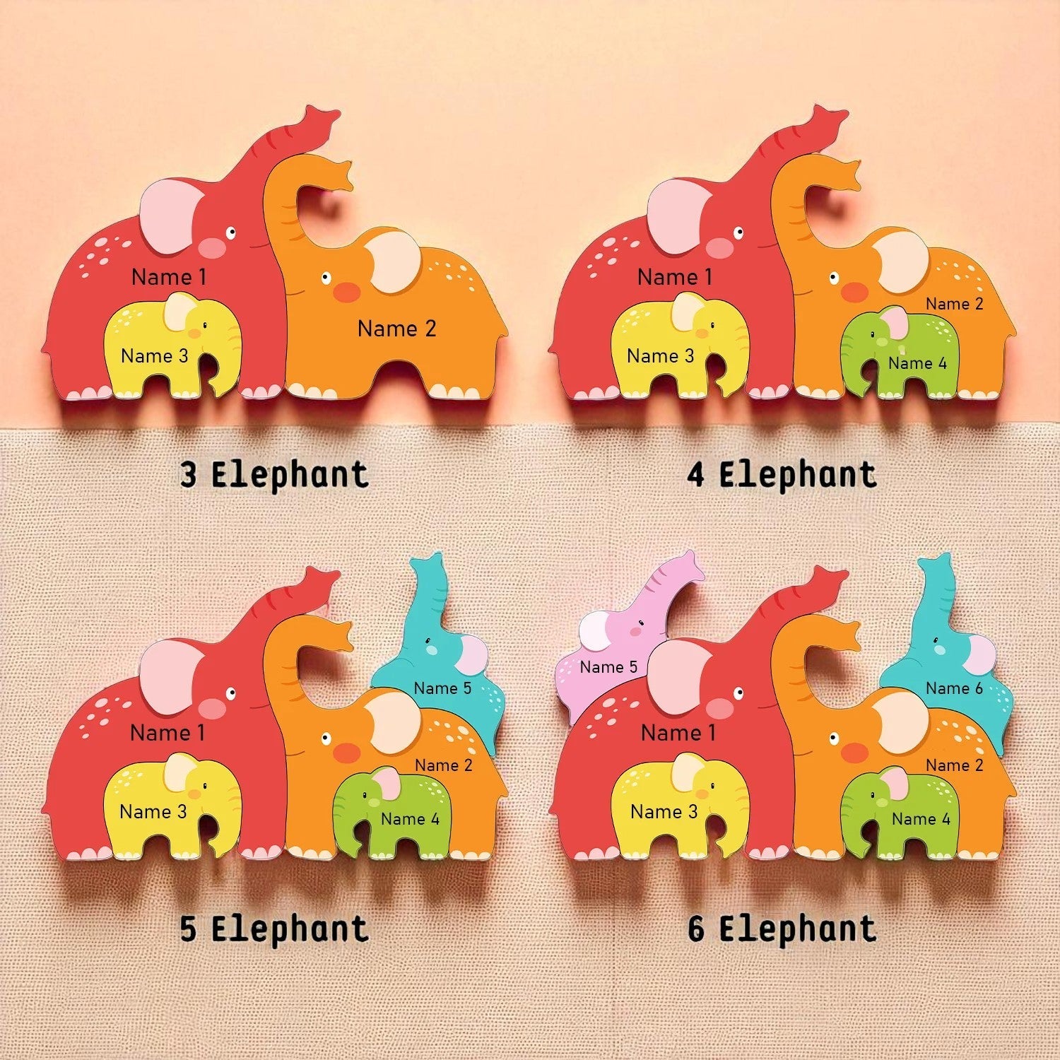 Personalized Wooden Name Puzzle with Family Elephants