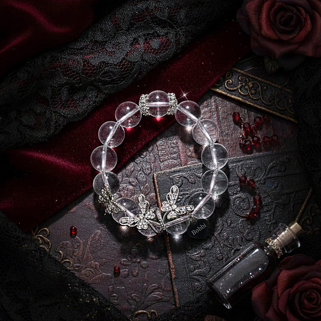 Halloween Gothic Butterfly Custom Name Bracelet – White Crystal Beads & Engraved Gunmetal Butterflies