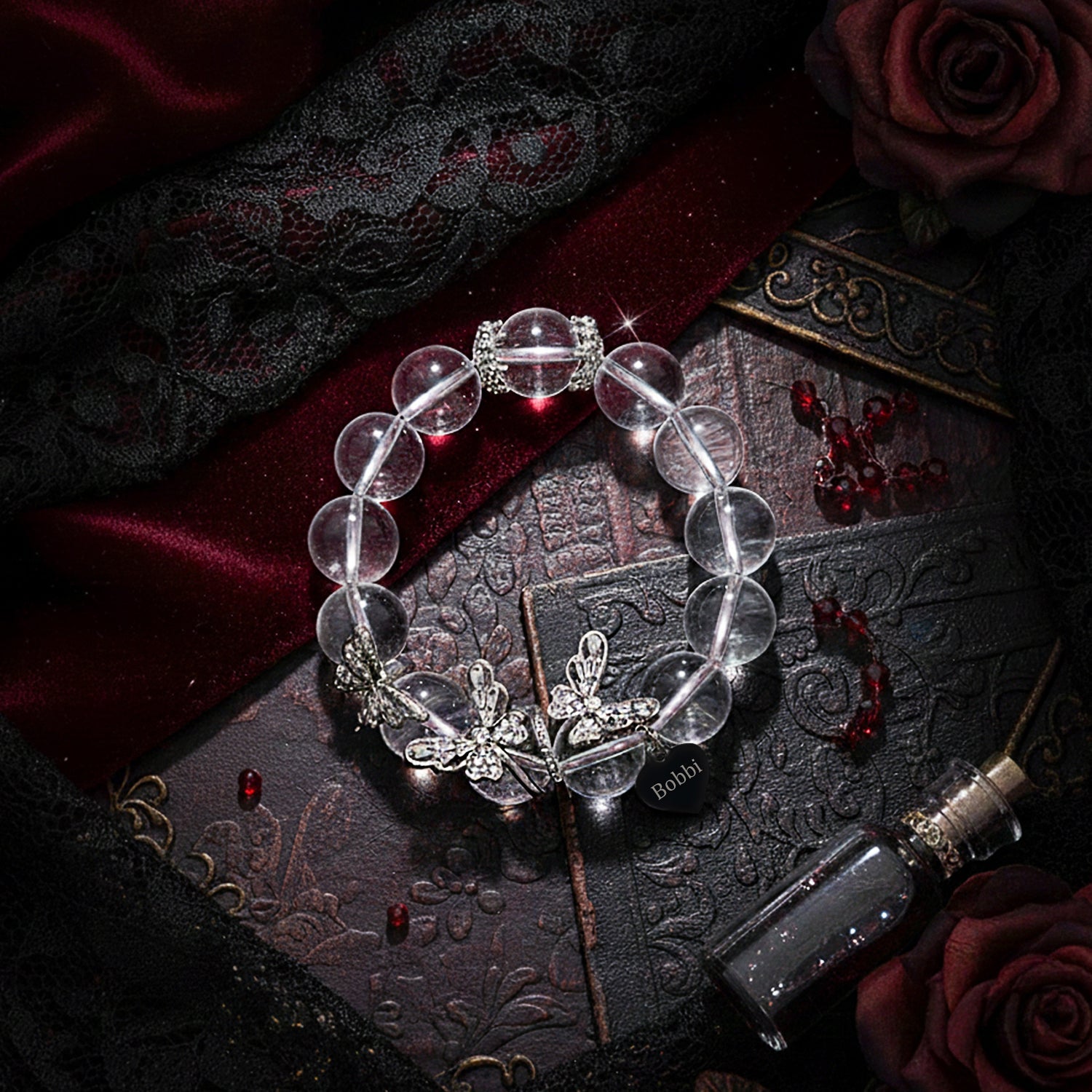Halloween Gothic Butterfly Custom Name Bracelet – White Crystal Beads & Engraved Gunmetal Butterflies