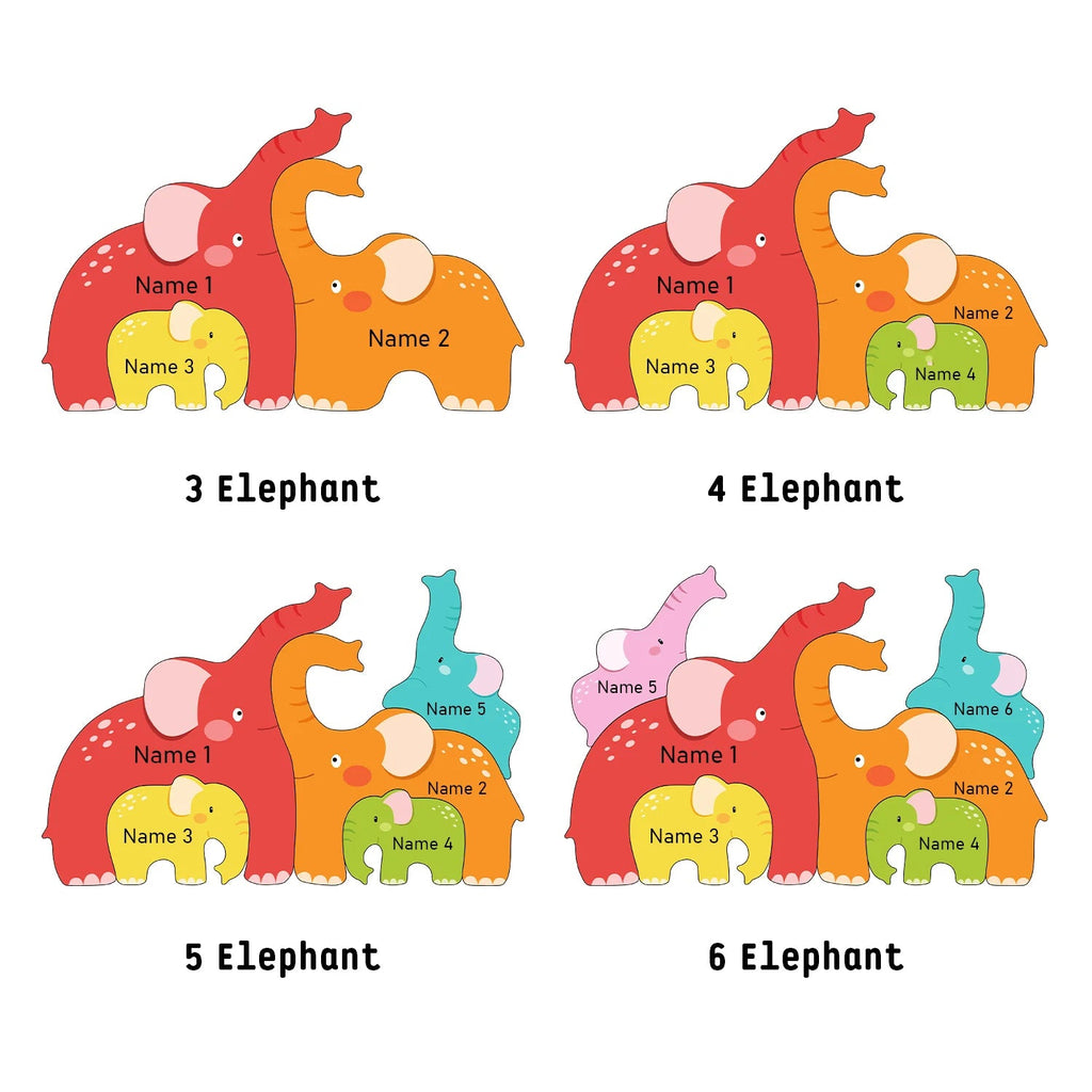 Personalized Wooden Name Puzzle with Family Elephants