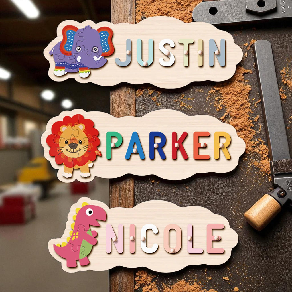 Personalized Wooden Animal Shapes Name Puzzle Toddler Toy