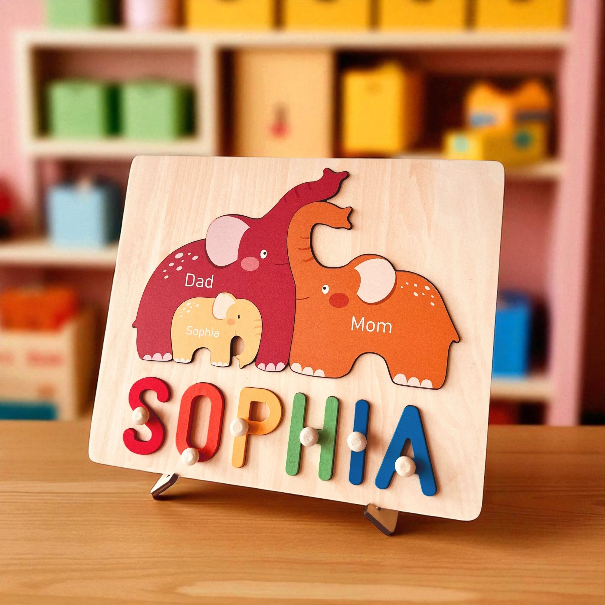 Personalized Wooden Name Puzzle with Family Elephants