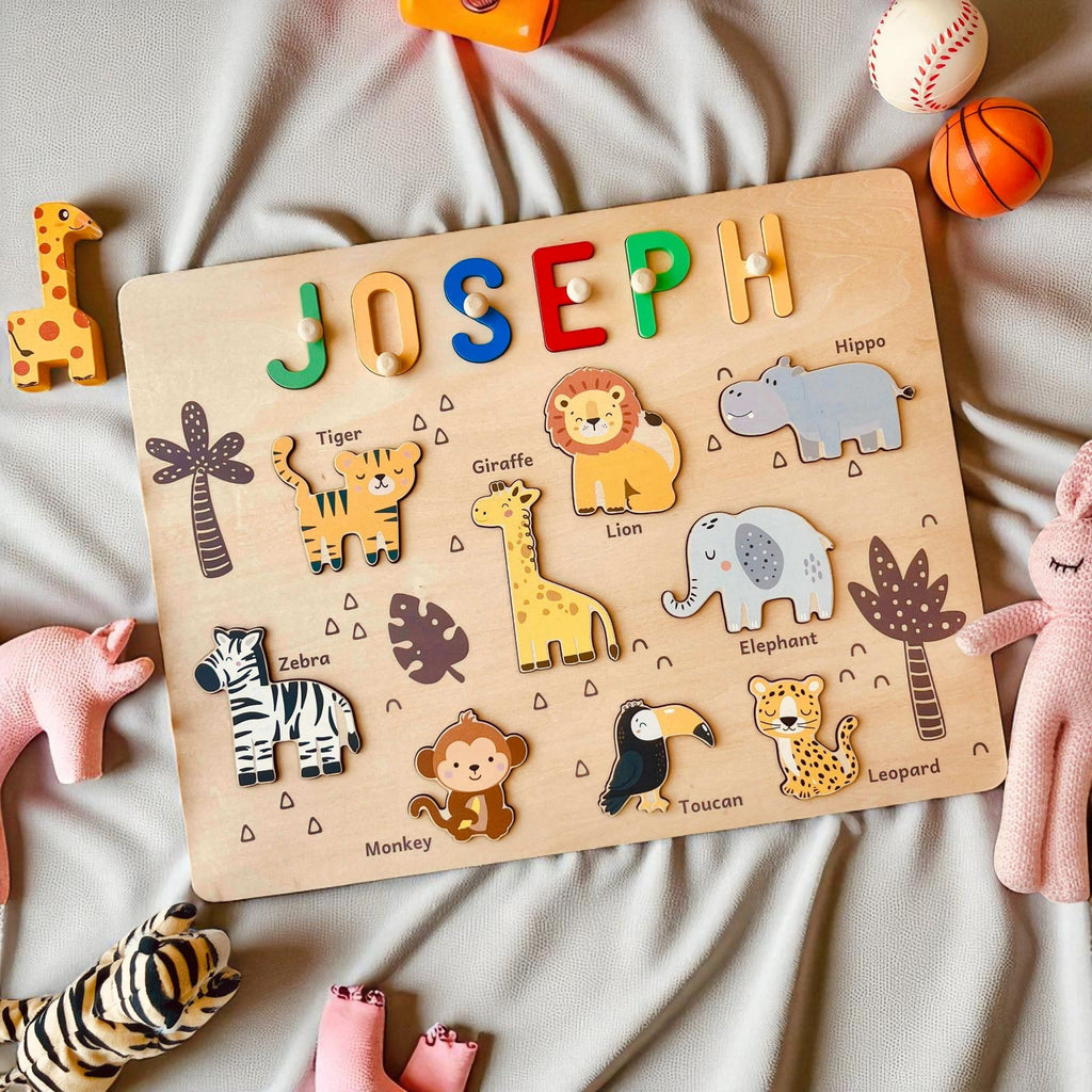 Personalized Wooden Jungle Animal Name Puzzle for Kids