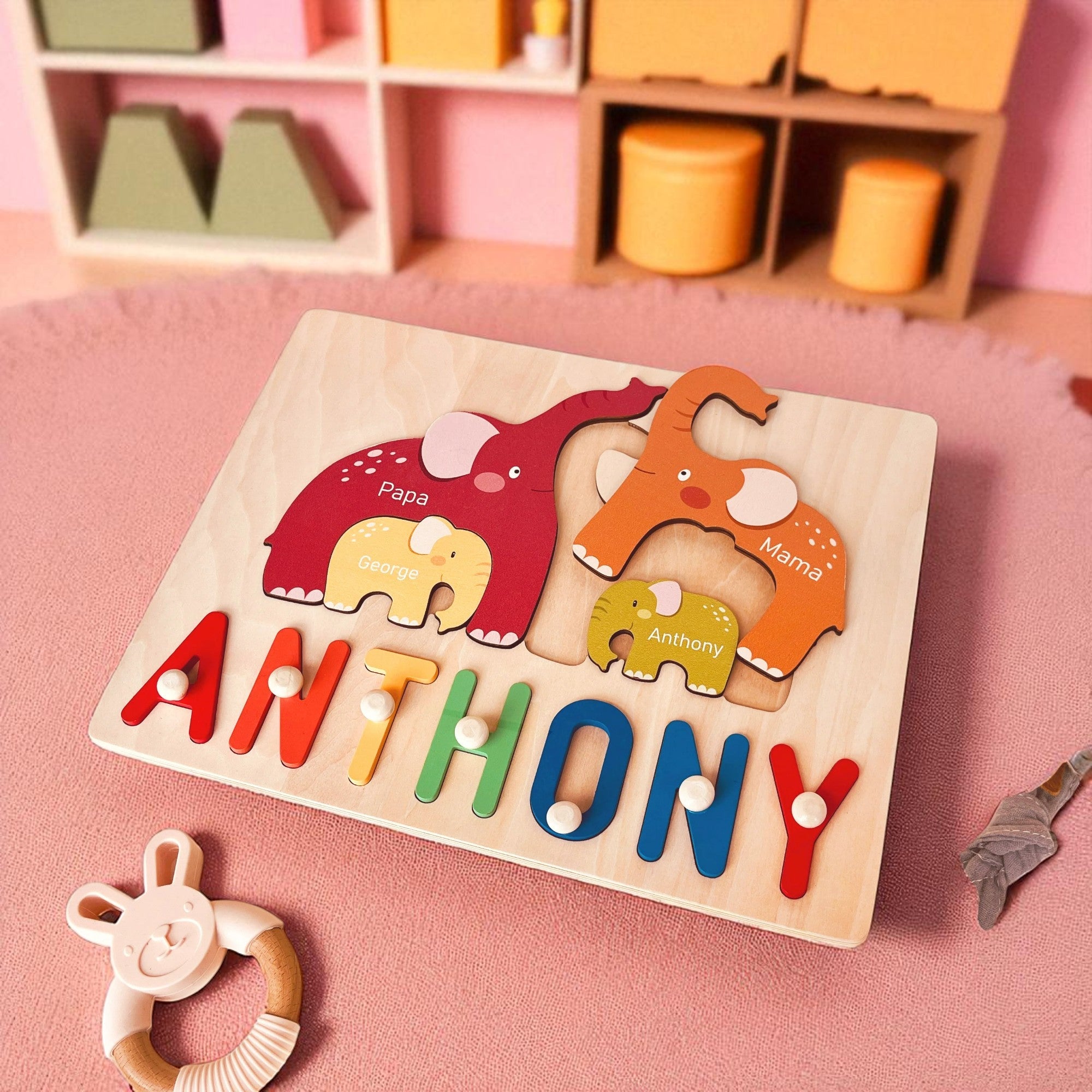 Personalized Wooden Name Puzzle with Family Elephants