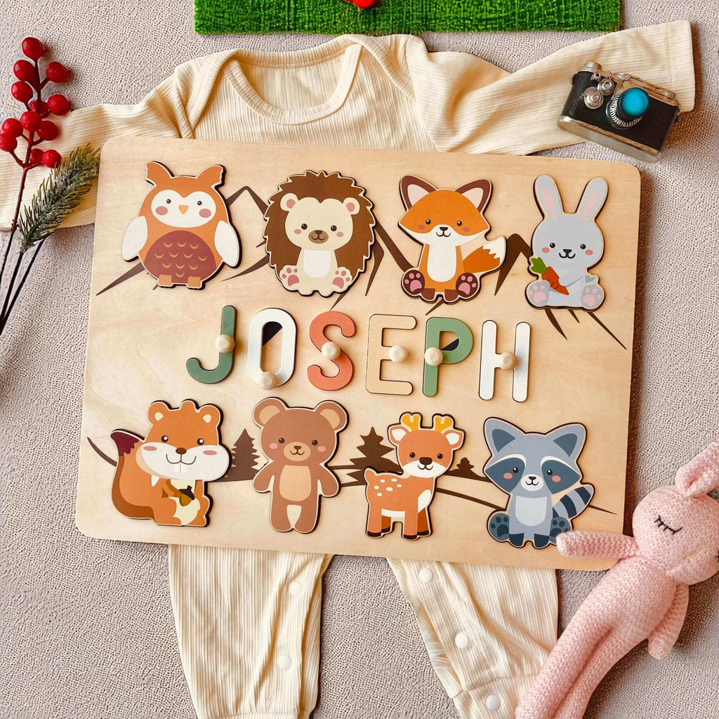 Personalized Wooden Baby Name Puzzle with Forest Animals