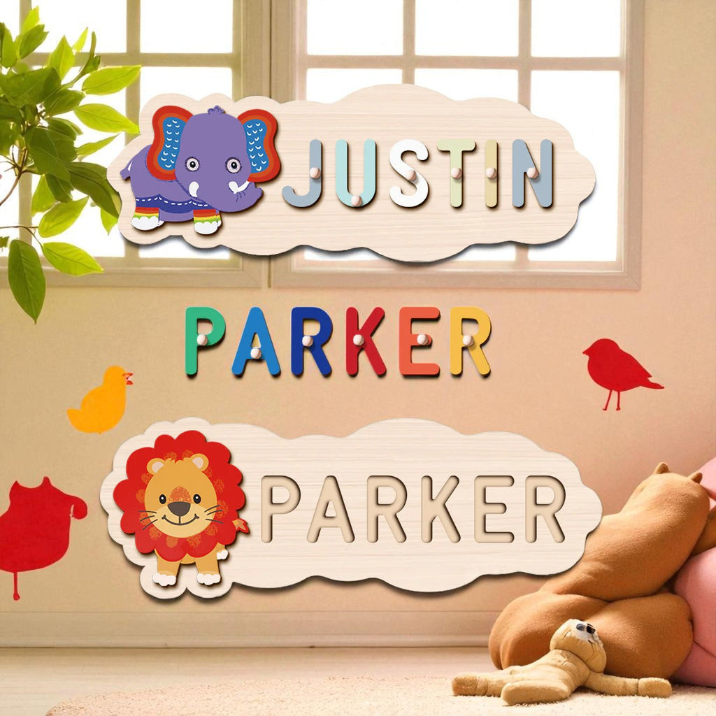 Personalized Wooden Animal Shapes Name Puzzle Toddler Toy
