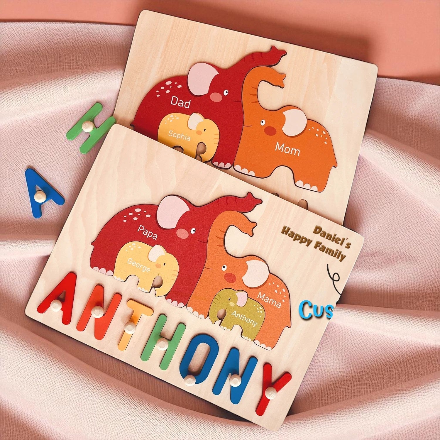 Personalized Wooden Name Puzzle with Family Elephants