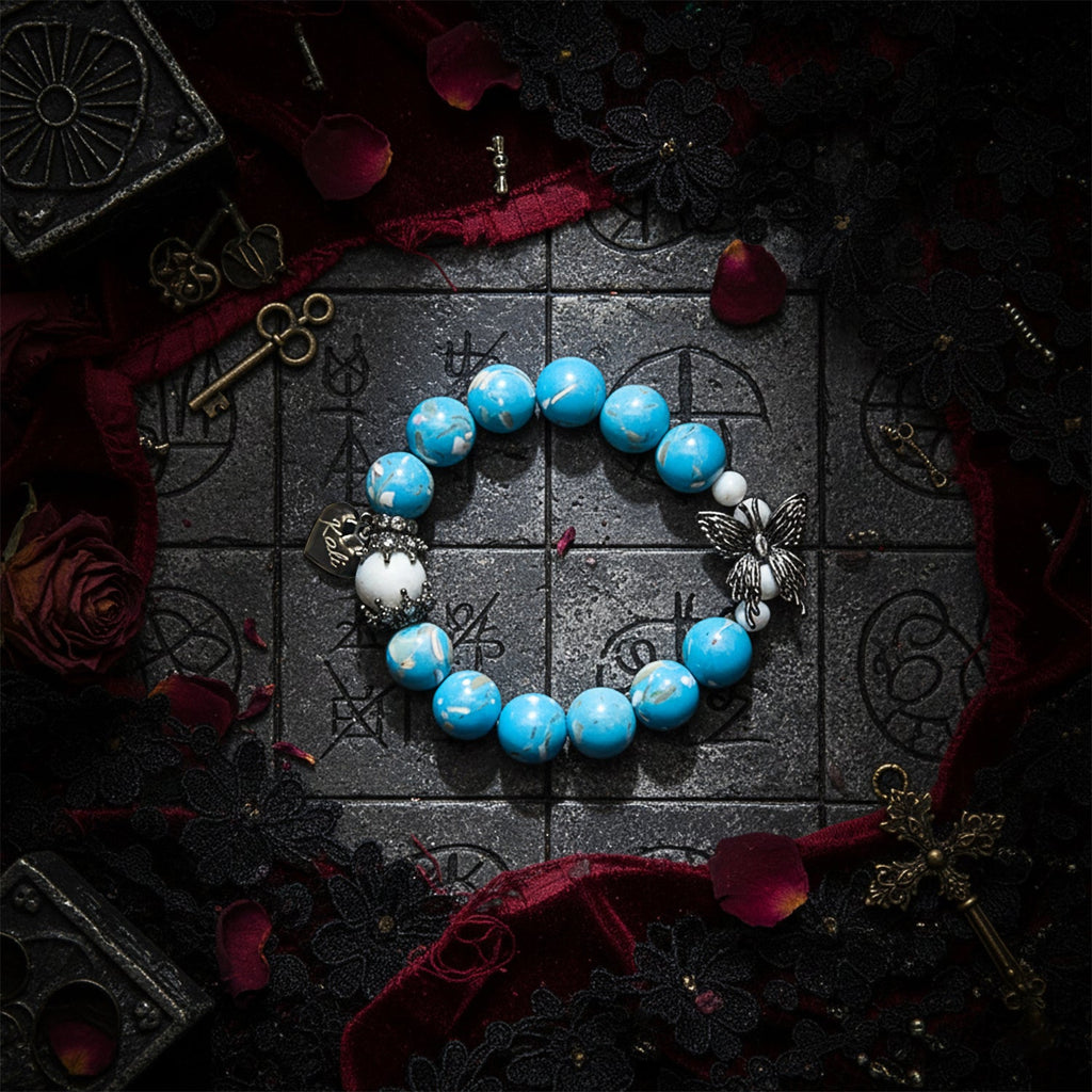 Halloween Gothic Butterfly Custom Name Bracelet – Engraved Blue Shell Beads