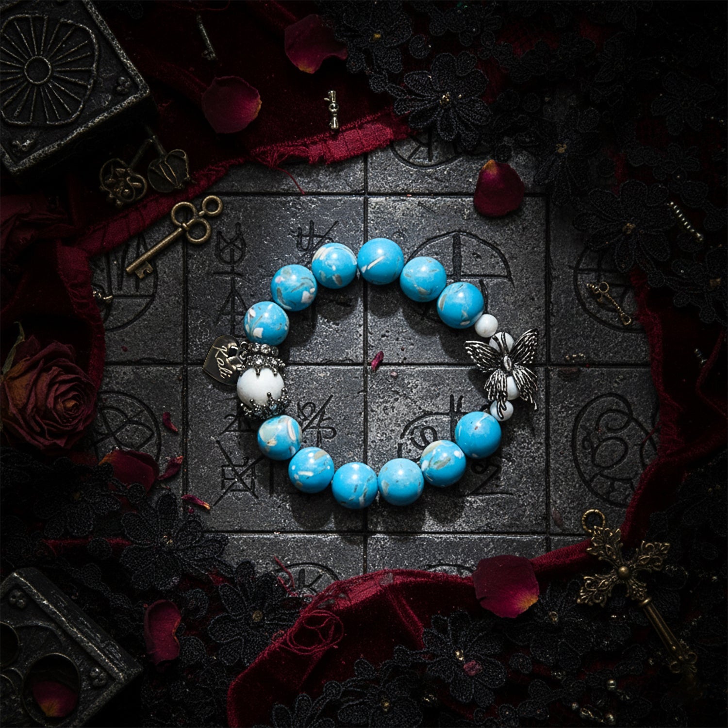 Halloween Gothic Butterfly Custom Name Bracelet – Engraved Blue Shell Beads