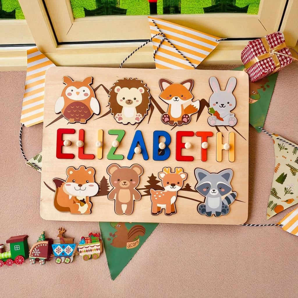 Personalized Wooden Baby Name Puzzle with Forest Animals