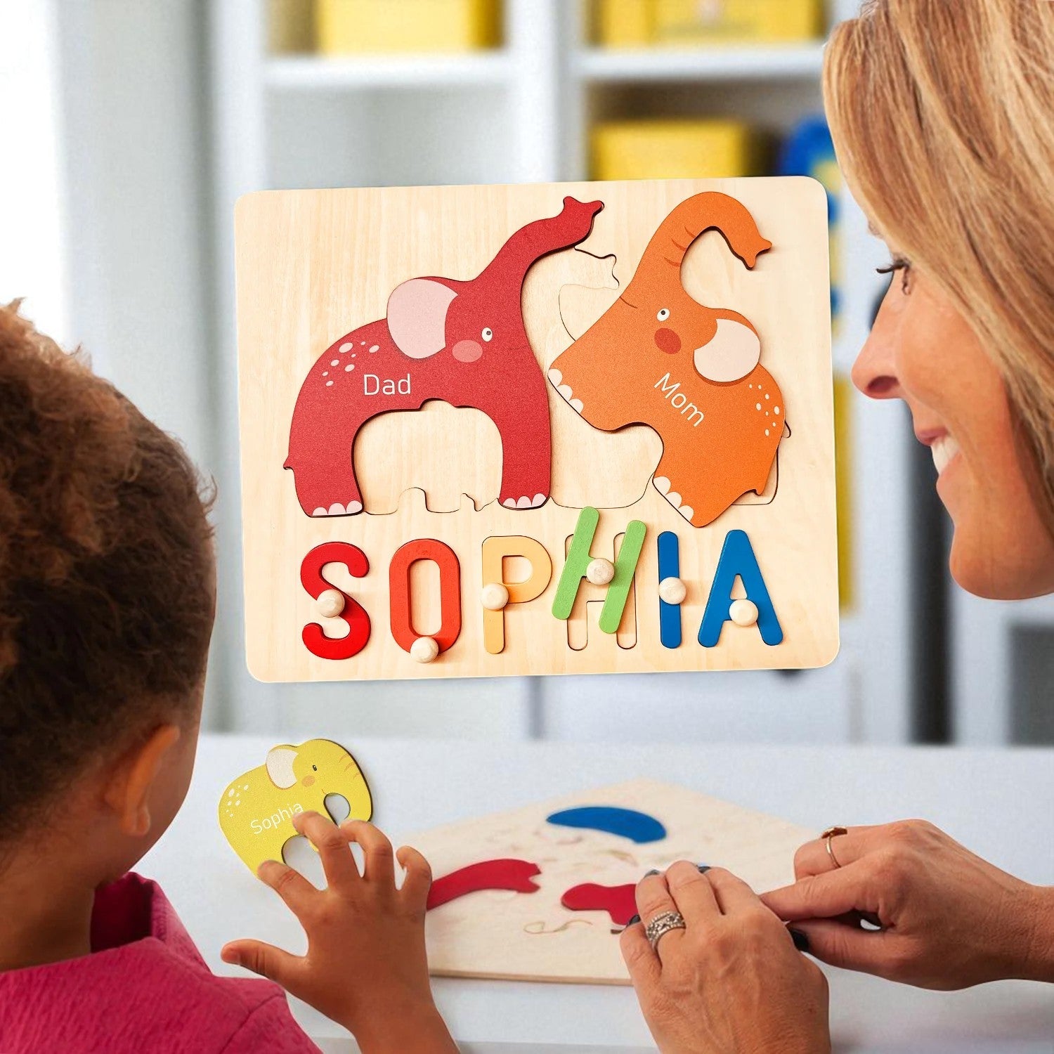 Personalized Wooden Name Puzzle with Family Elephants