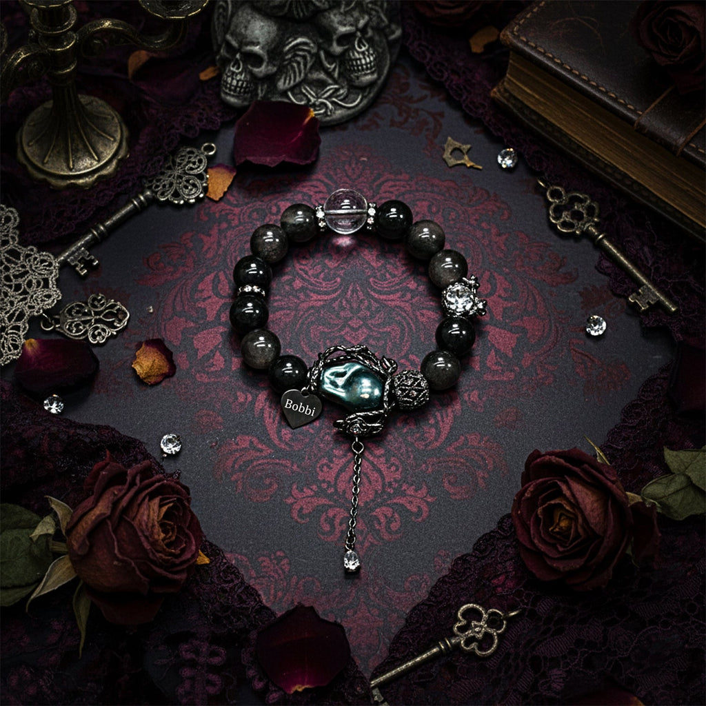 Gothic Halloween Obsidian Rose Vine Bracelet – Custom Name Engraved Dark Jewelry