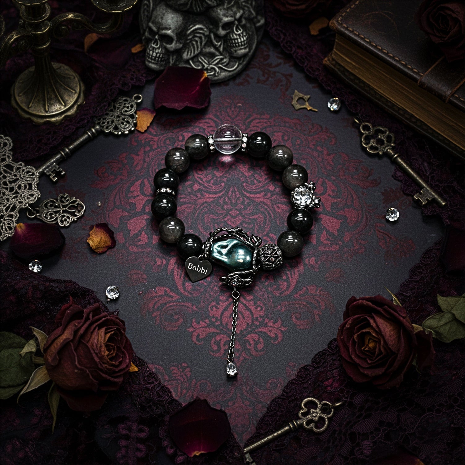 Gothic Halloween Obsidian Rose Vine Bracelet – Custom Name Engraved Dark Jewelry