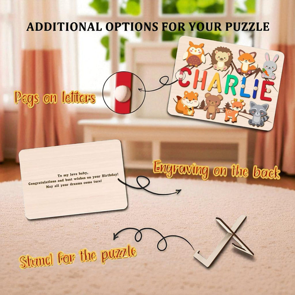 Personalized Wooden Baby Name Puzzle with Forest Animals