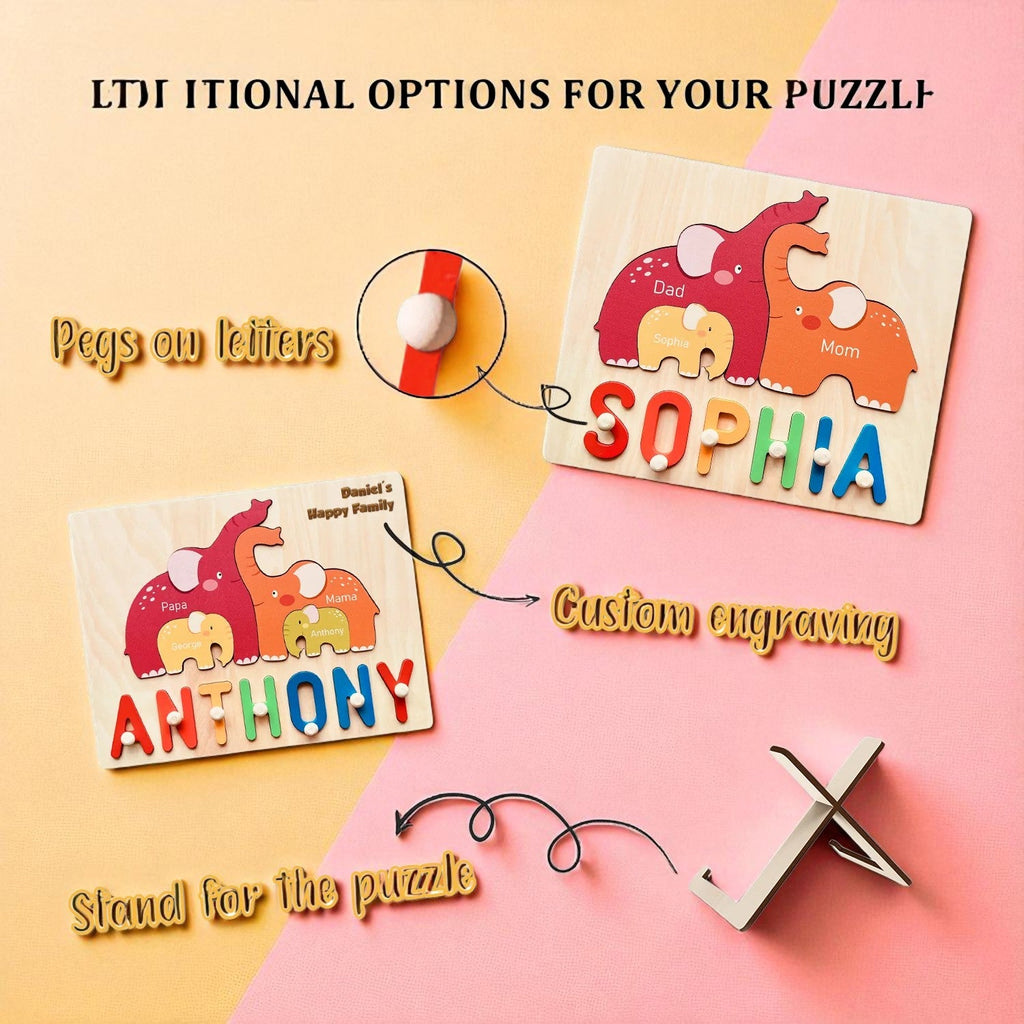 Personalized Wooden Name Puzzle with Family Elephants