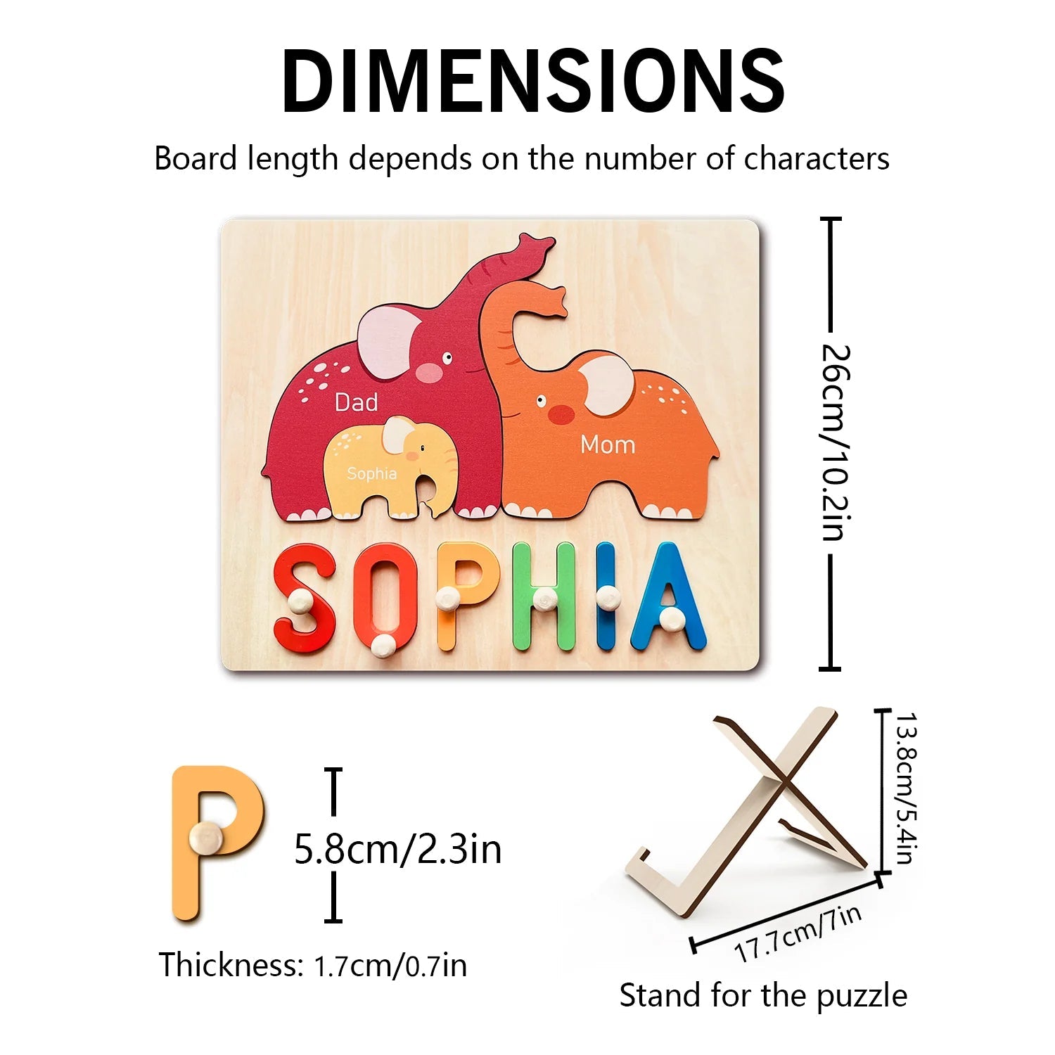 Personalized Wooden Name Puzzle with Family Elephants