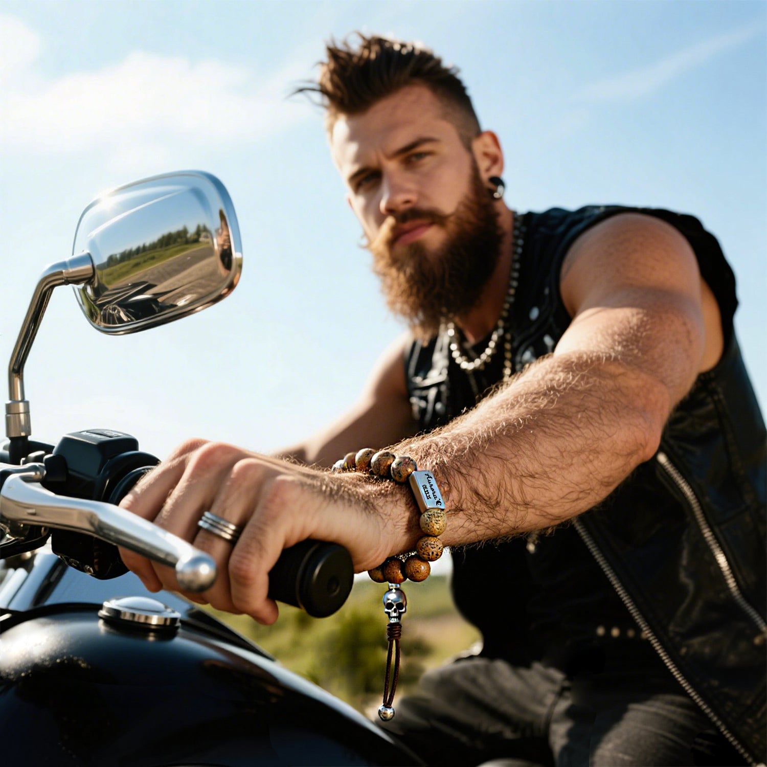 Punk Skull Men’s Bracelet – Natural Stone Biker Jewelry | Harley Rider Gift