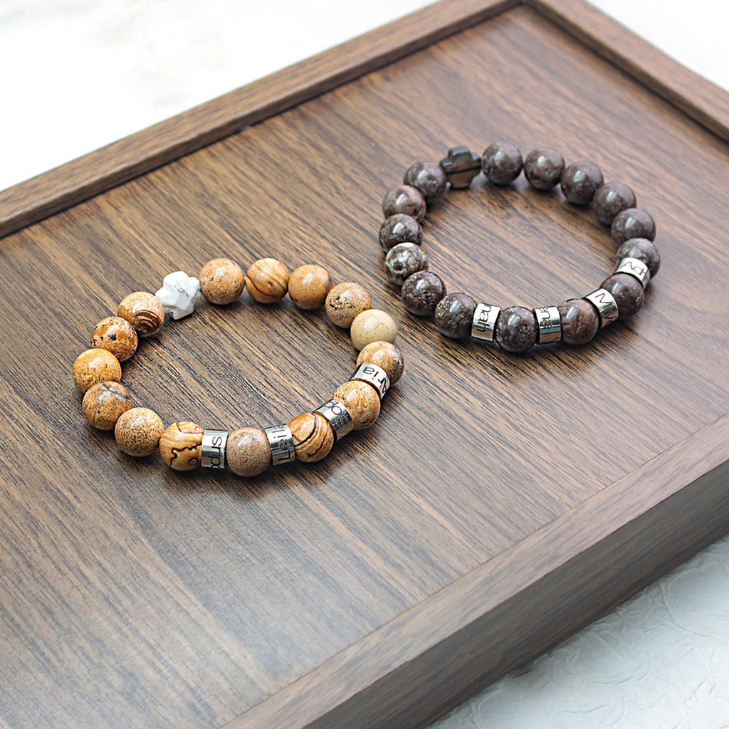Personalized Natural Mineral Cross Bracelet – Engraved Names Keepsake
