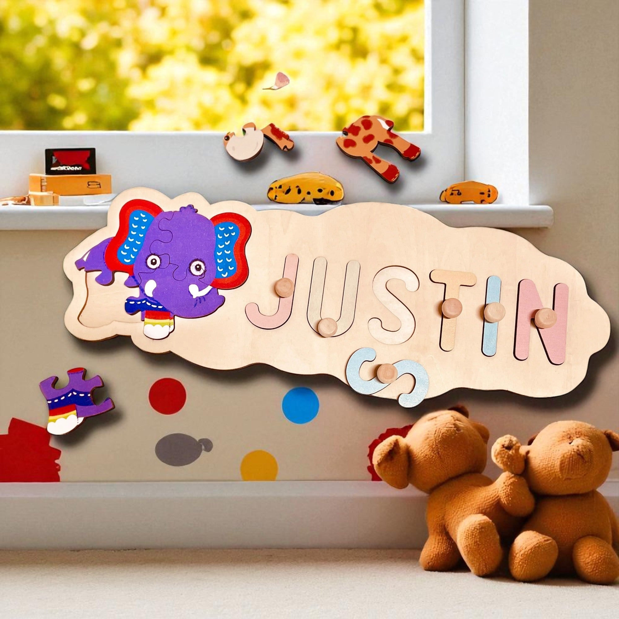 Personalized Wooden Animal Shapes Name Puzzle Toddler Toy
