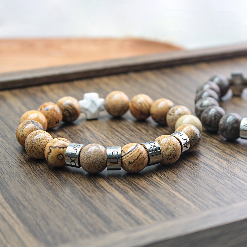 Personalized Natural Mineral Cross Bracelet – Engraved Names Keepsake