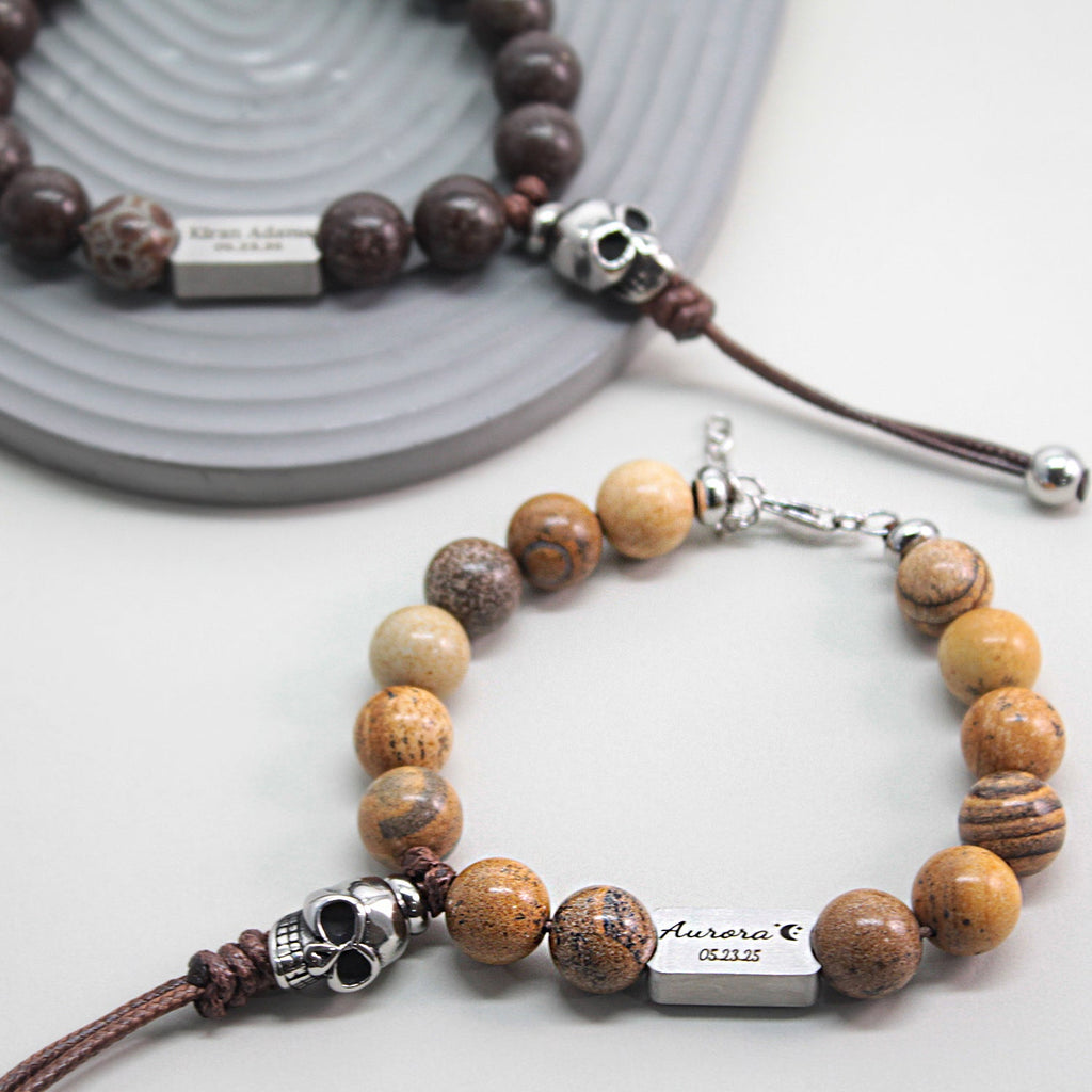 Punk Skull Men’s Bracelet – Natural Stone Biker Jewelry | Harley Rider Gift