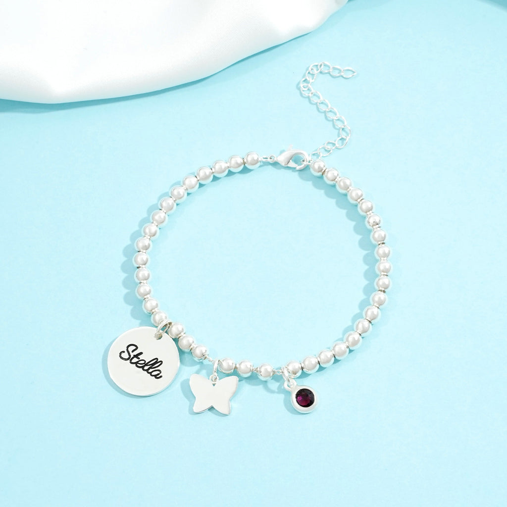 Personalized Round Name Pendant Bracelet with Birthstone – Adjustable Nickel-Free Kids Jewelry