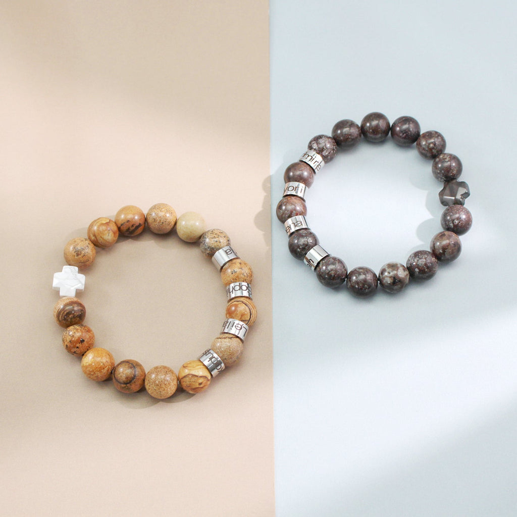 Personalized Natural Mineral Cross Bracelet – Engraved Names Keepsake