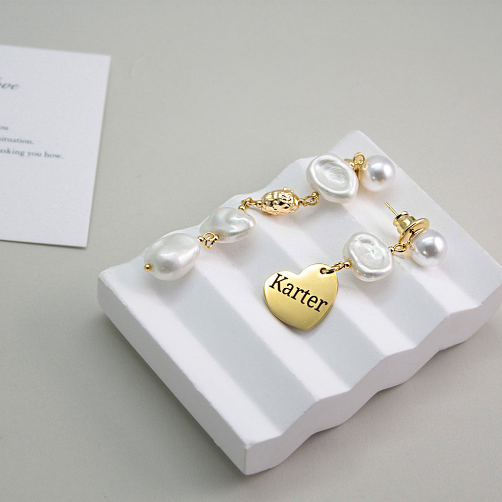 Custom Name Titanium Steel Disc Baroque Pearl Drop Earrings – Wear Your Story with Elegance