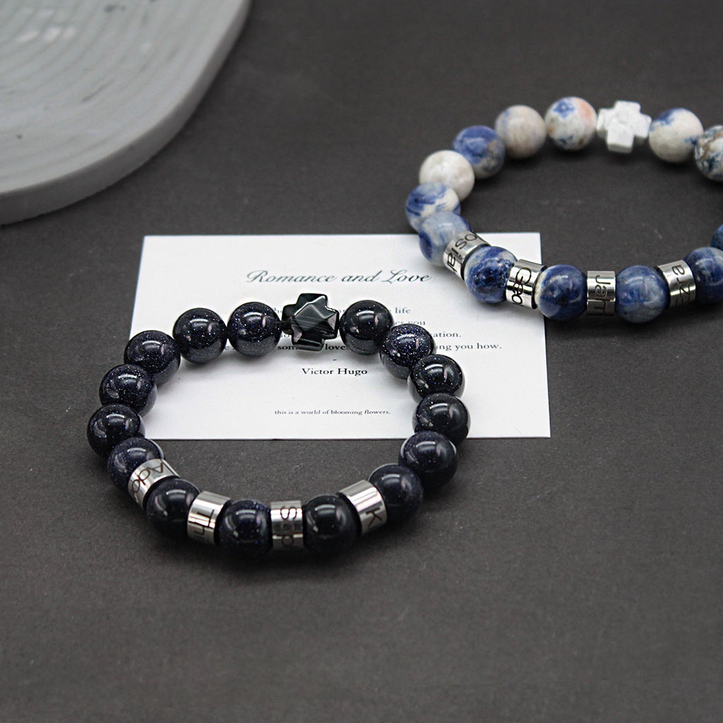 Personalized Natural Mineral Cross Bracelet – Engraved Names Keepsake