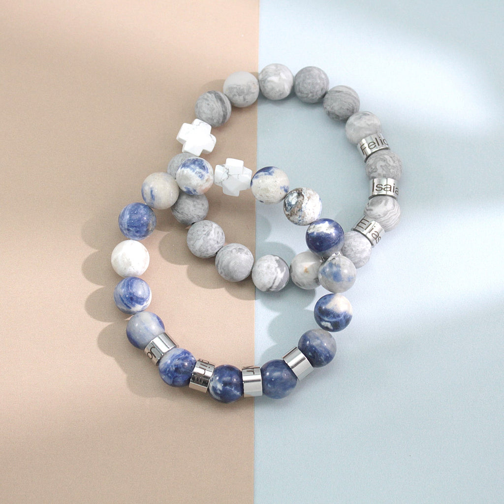 Personalized Natural Mineral Cross Bracelet – Engraved Names Keepsake