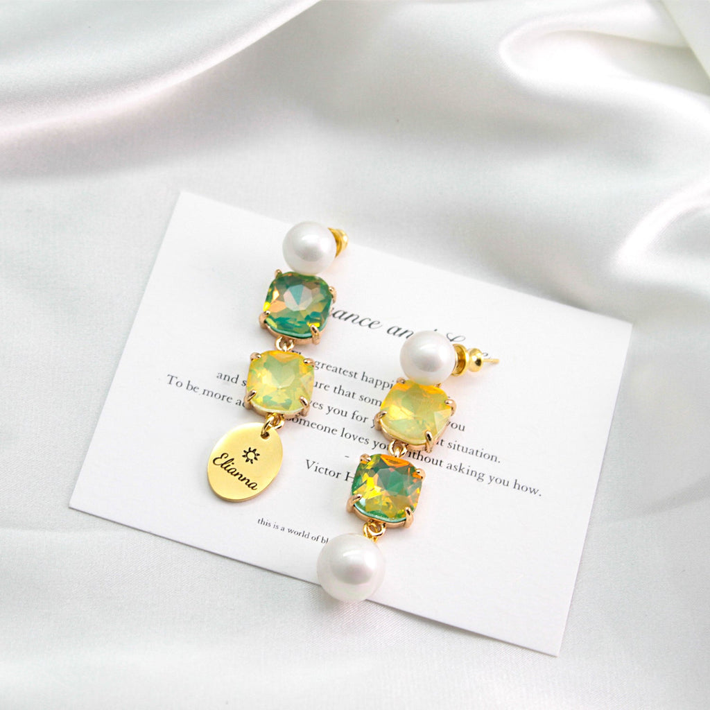 Custom Name Pearl Drop Earrings with Colored Diamond – Personalized Titanium Steel Disc Earrings for Women