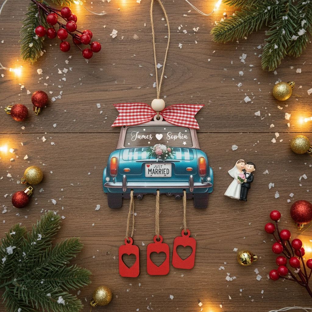 Personalized Just Married 3D Car Ornament | Custom Names & Year