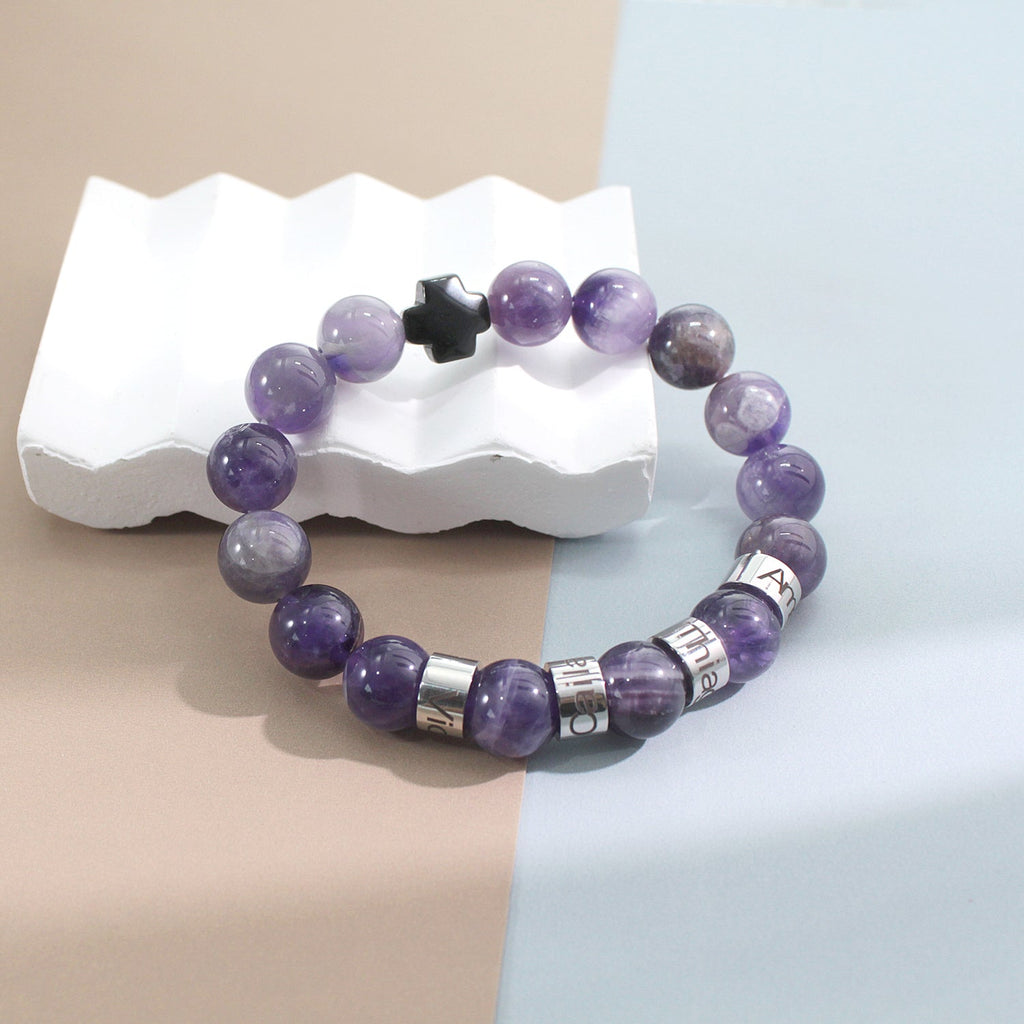 Personalized Natural Mineral Cross Bracelet – Engraved Names Keepsake