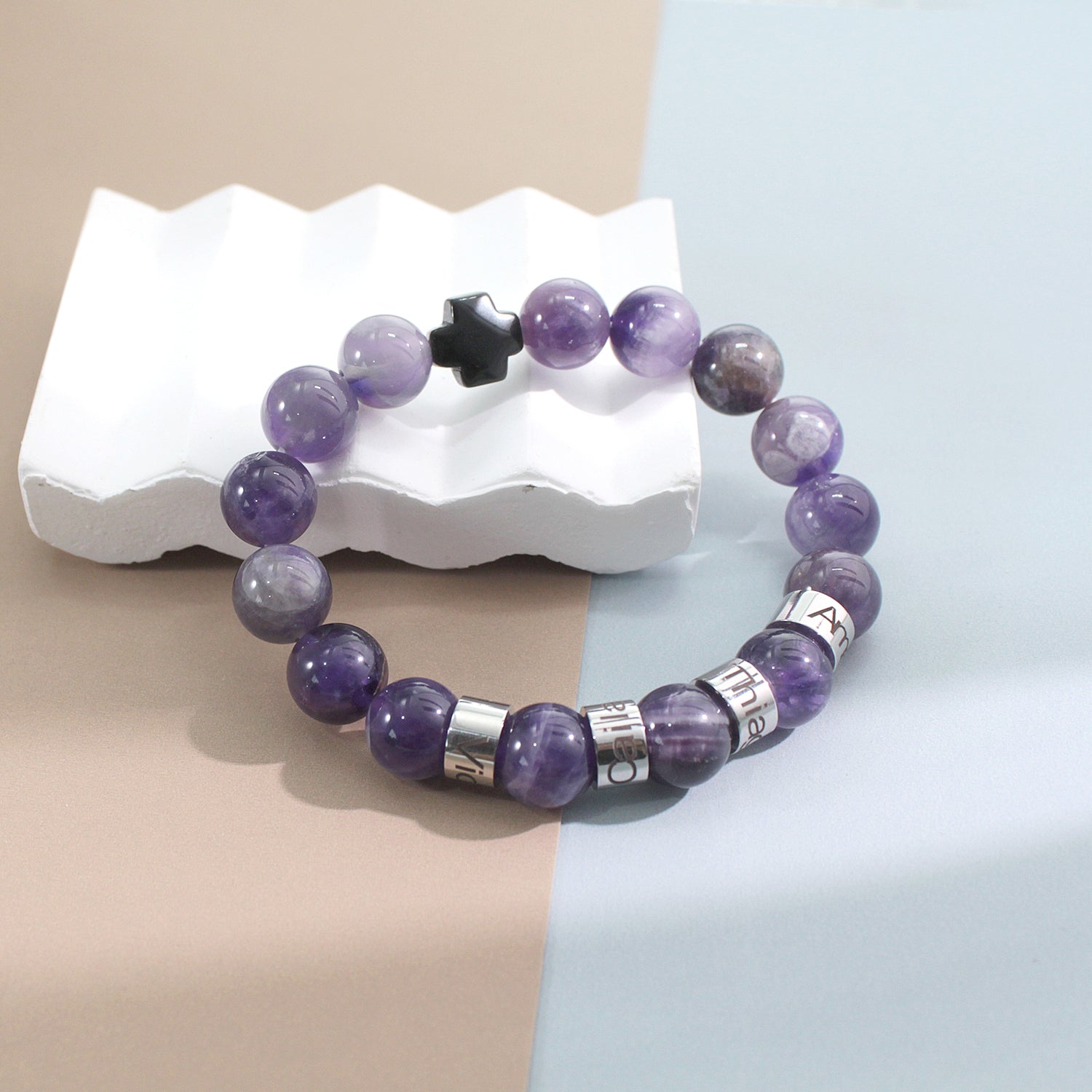 Personalized Natural Mineral Cross Bracelet – Engraved Names Keepsake