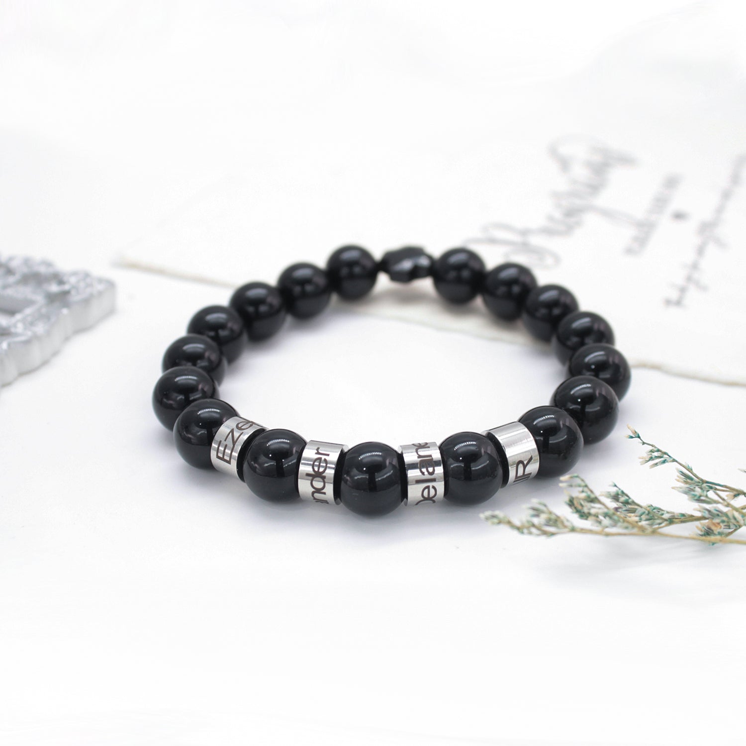 Personalized Natural Mineral Cross Bracelet – Engraved Names Keepsake