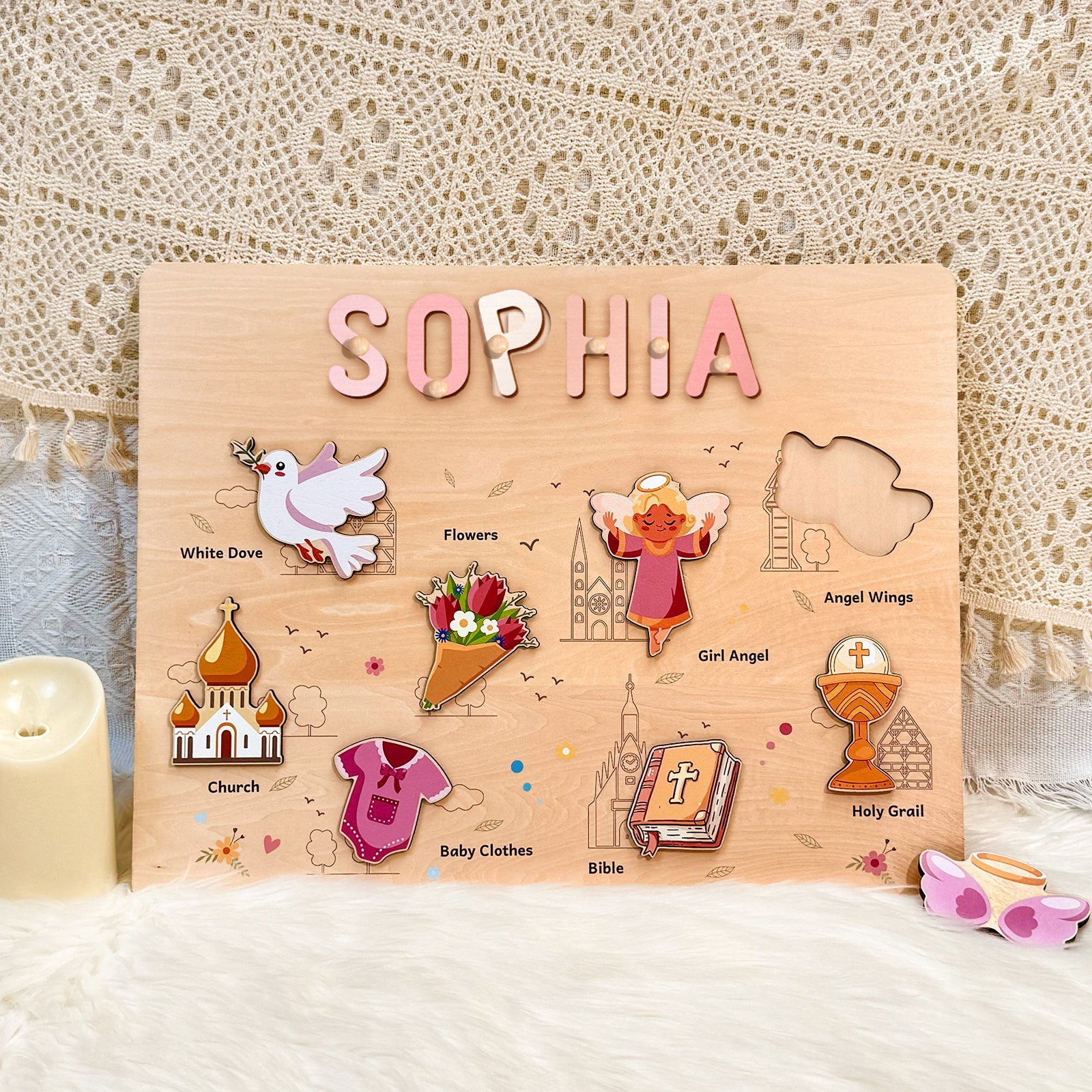 Personalized Baby Girl Christening Wooden Name Puzzle – Custom Baptism Keepsake Gift
