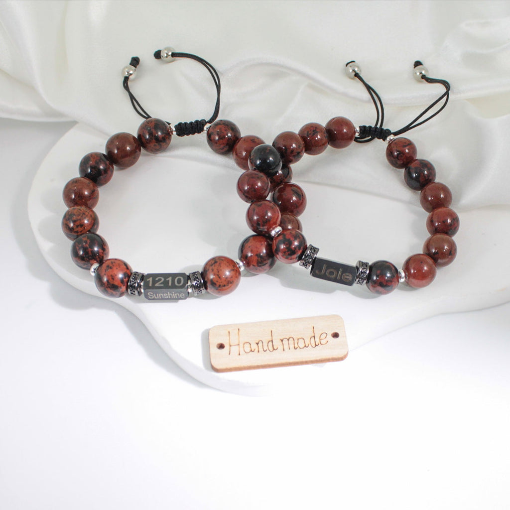 Personalized Name Engraved Natural Stone Bracelet with Zircon | Adjustable Beaded Couple Jewelry Gift for Him & Her