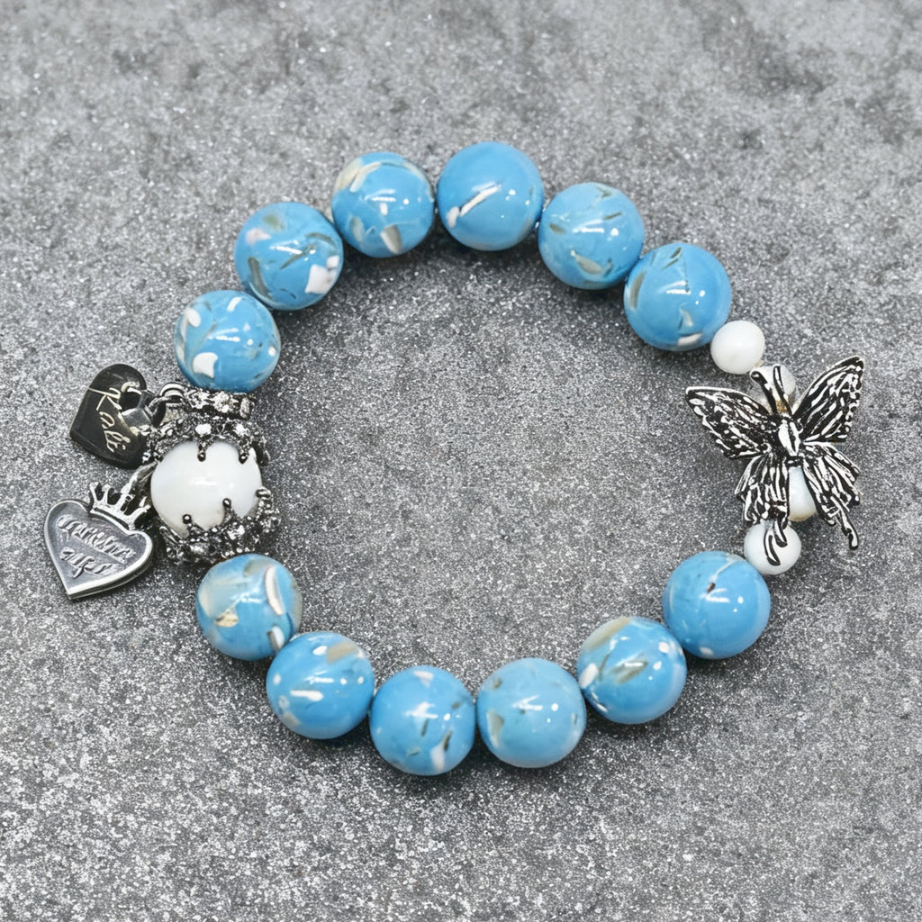 Halloween Gothic Butterfly Custom Name Bracelet – Engraved Blue Shell Beads