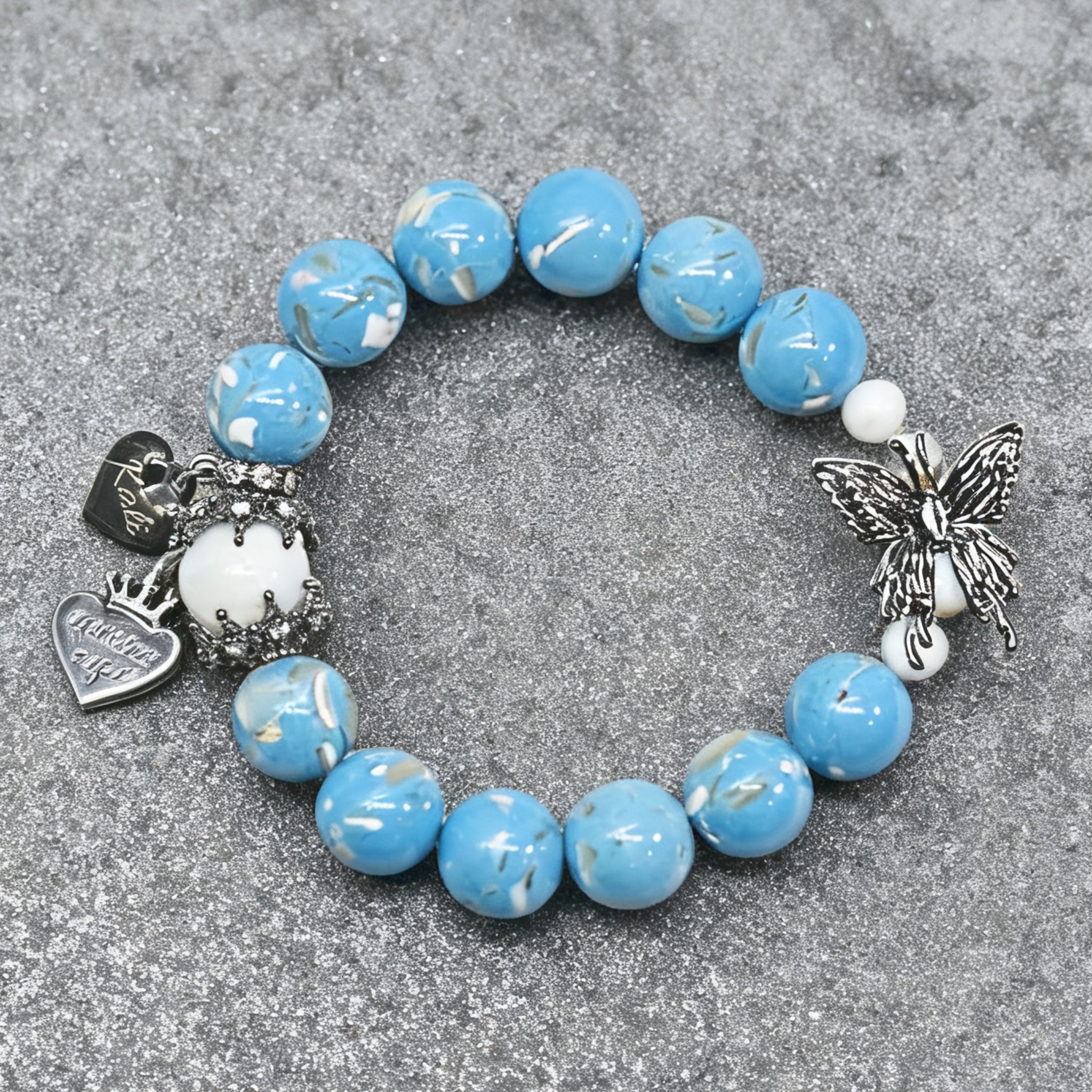 Halloween Gothic Butterfly Custom Name Bracelet – Engraved Blue Shell Beads