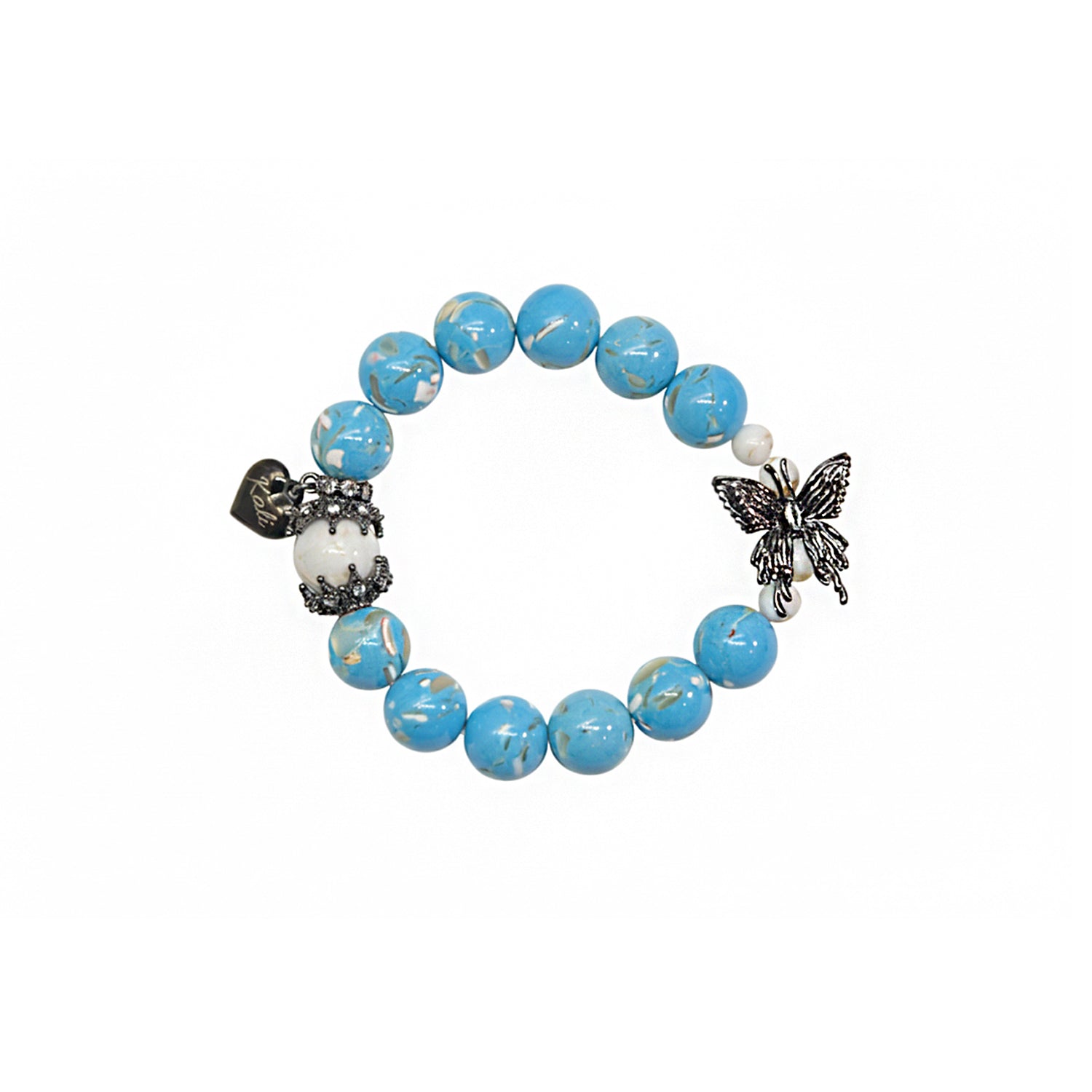 Halloween Gothic Butterfly Custom Name Bracelet – Engraved Blue Shell Beads