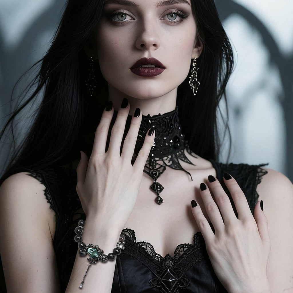 Gothic Halloween Obsidian Rose Vine Bracelet – Custom Name Engraved Dark Jewelry