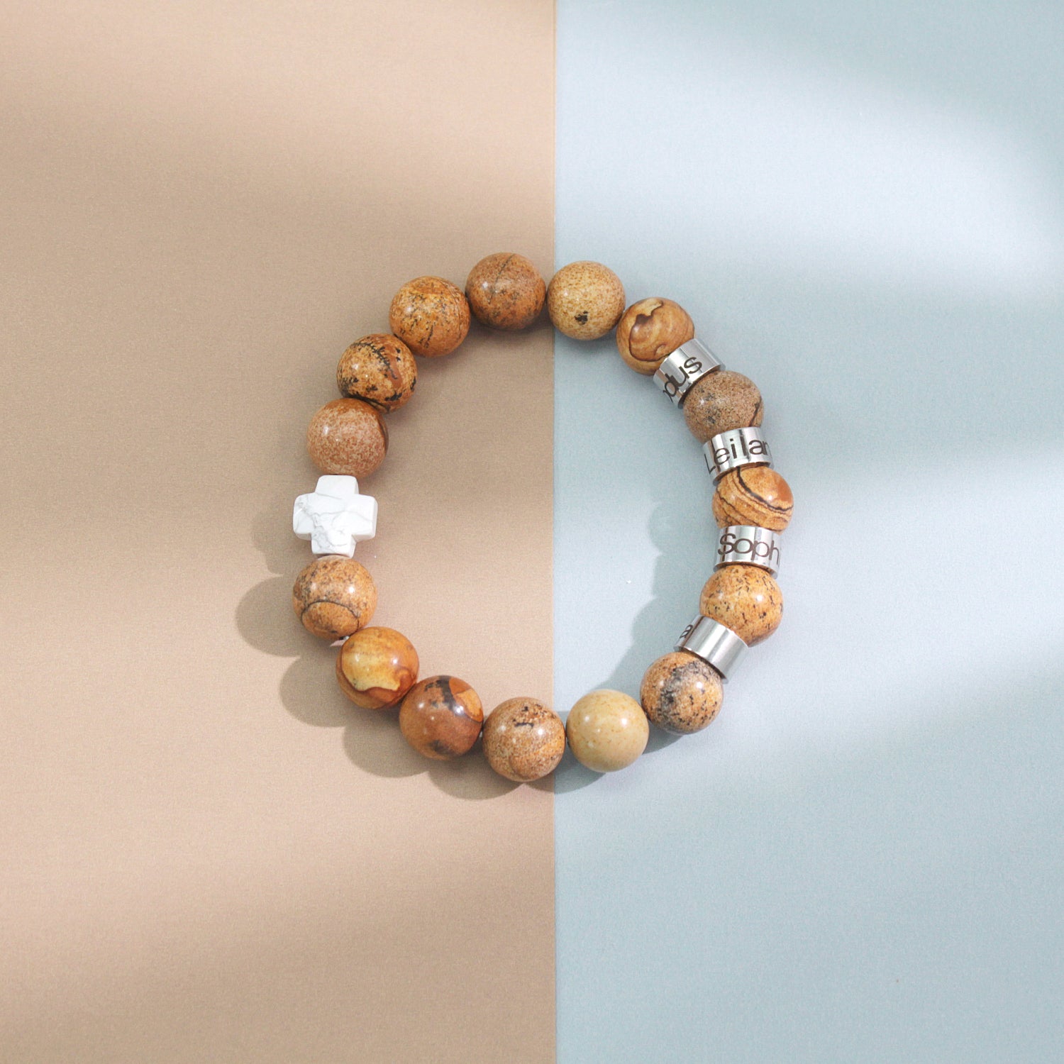Personalized Natural Mineral Cross Bracelet – Engraved Names Keepsake