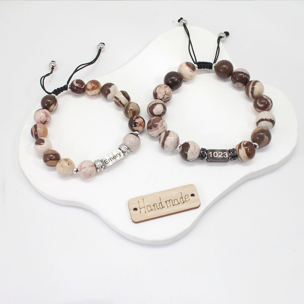 Personalized Name Engraved Natural Stone Bracelet with Zircon | Adjustable Beaded Couple Jewelry Gift for Him & Her