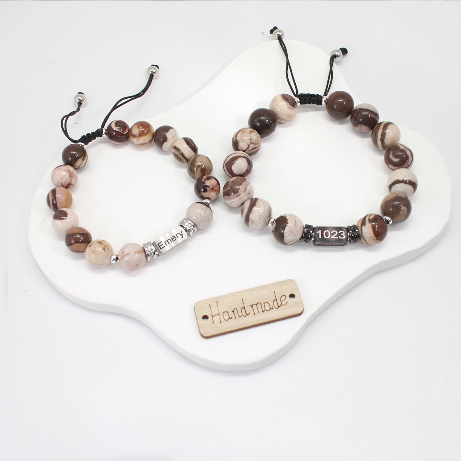 Personalized Name Engraved Natural Stone Bracelet with Zircon | Adjustable Beaded Couple Jewelry Gift for Him & Her