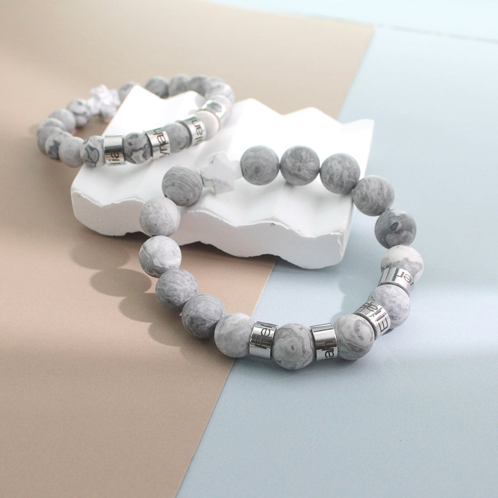 Personalized Natural Mineral Cross Bracelet – Engraved Names Keepsake
