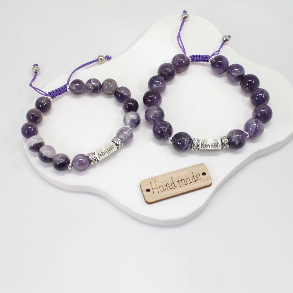 Personalized Name Engraved Natural Stone Bracelet with Zircon | Adjustable Beaded Couple Jewelry Gift for Him & Her