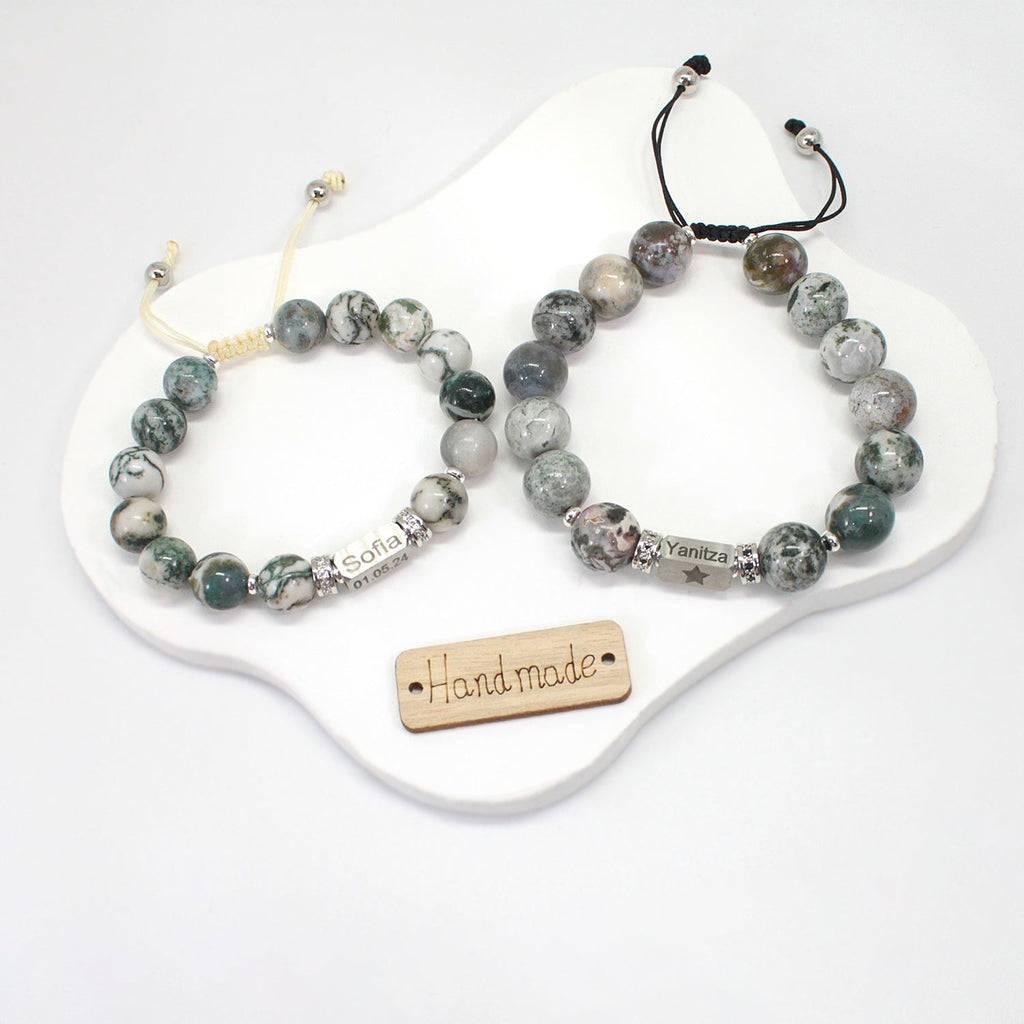 Personalized Name Engraved Natural Stone Bracelet with Zircon | Adjustable Beaded Couple Jewelry Gift for Him & Her